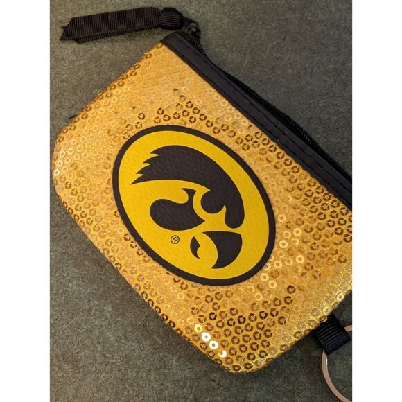 Iowa Hawkeye Coin Purse Yellow Sequins Zip up Key Chain 5"X4" - Picture 3 of 5